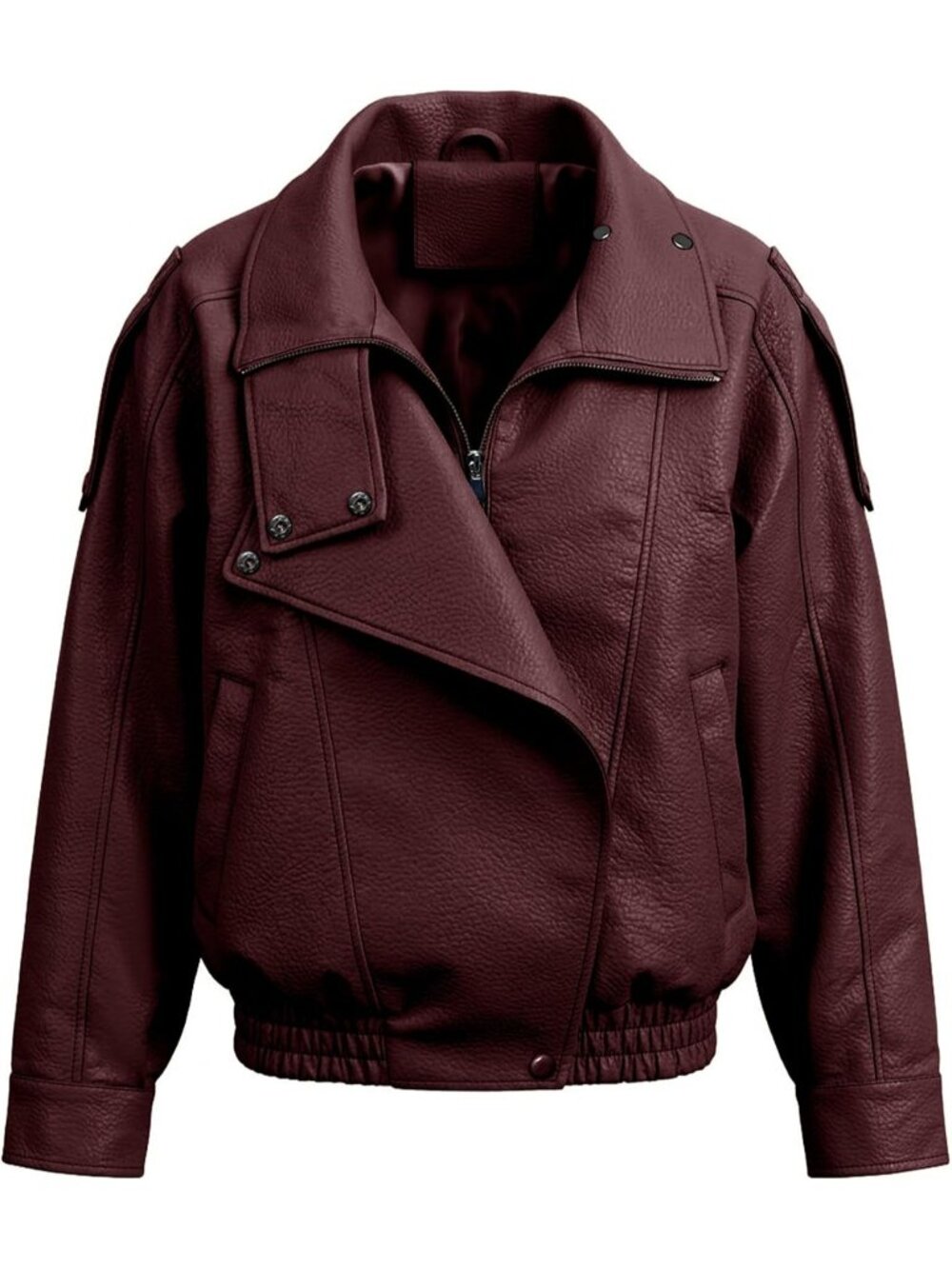 Women's Wine Faux Leather Bomber Jacket Pebble Grain Texture Relaxed Oversized